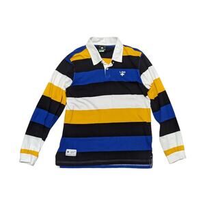 LRG Lifted Research Group Striped Rugby Shirt Long Sleeve Polo Yellow Blue Small